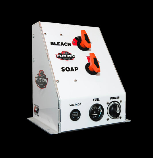 Control panel with labeled buttons for 'Bleach', 'Soap', 'Voltage', 'Fuel', and 'Power' on a white background.